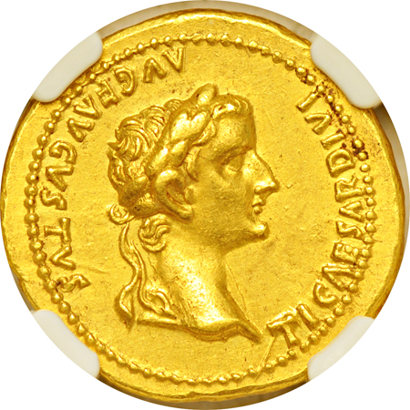 Roman Empire.  Tiberius, A.D. 14-37.  Gold Aureus (8.03g.).  Lugdunum mint.  NGC Choice AU.