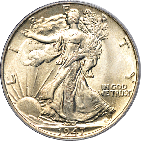 Four PCGS certified Walking Liberty half-dollars.