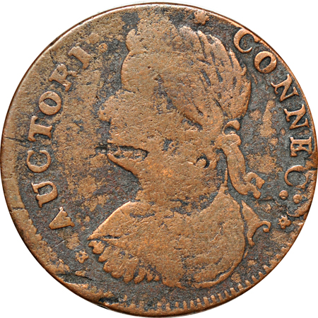 1787 Connecticut Copper (Miller 33.15-r.1, R.2, 115.8 grains) F and 1787 Fugio Copper (Newman 15-H, R-5, 151.3 grains) VF/old scratches.