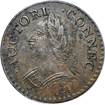 1787 Connecticut Copper. Mailed Bust Left, Laughing Head obverse.  Miller 6.1-M, Rarity-1. PCGS AU-53.