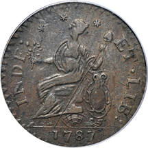 1787 Connecticut Copper. Mailed Bust Left, Laughing Head obverse.  Miller 6.1-M, Rarity-1. PCGS AU-53.