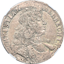 1683 Schleswig-Holstein-Gottorp/German States 2/3 Taler (Gulden), Christian Albrecht (1659 -1694), catalog number KM-179. NGC VF-35.