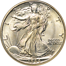 Four certified MS-65 Walking Liberty half-dollars.