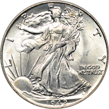 Four certified MS-65 Walking Liberty half-dollars.