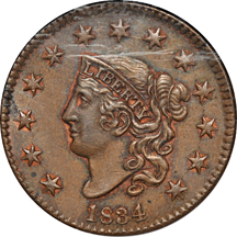 1834 Sm 8,  Lg Strs, Med Let. N2 NGC MS-63 BN.