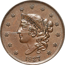 1837 Plain Cord, Medium Letters. PCGS AU-55.