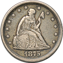 1875-S Twenty-cent piece VF and an 1876-CC Seated quarter Fine.