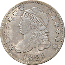 1821 Capped Bust dime (JR-1) XF, 1843/1843 Seated dime Fine, and 1921 Mercury dime VG.