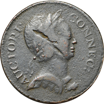 1785 Connecticut Copper, Second Roman Head variety. Miller 2-A.4, Low Rarity-6, 134 grains. F.