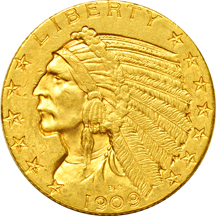 1909-D Indian half-eagle AU, and two quarter-eagles.