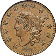 1833 (N-6, R.1) PCGS MS-62BN.