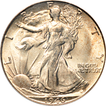 Four PCGS certified Walking Liberty half-dollars.