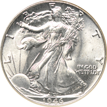 Five NGC certified MS-65 Walking Liberty half-dollars from the 1940s.