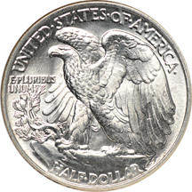 Five NGC certified MS-65 Walking Liberty half-dollars from the 1940s.