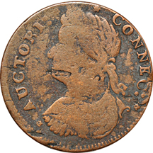 1787 Connecticut Copper (Miller 33.15-r.1, R.2, 115.8 grains) F and 1787 Fugio Copper (Newman 15-H, R-5, 151.3 grains) VF/old scratches.