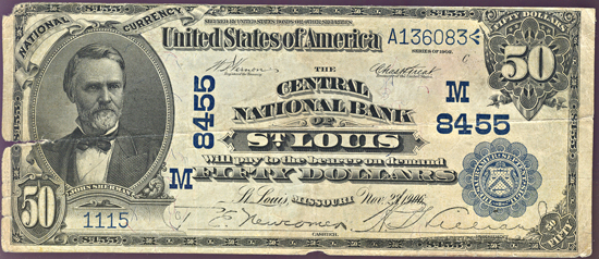 1902 $50.00 Date Back. St. Louis, MO Charter# 8455 Blue Seal. Good.