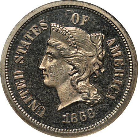 1868 five-cent pattern, (J-623, P-692, Low R.6), Plain Edge, Nickel. NGC PF-65 CAC.