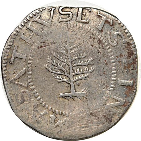 1652 Pine Tree shilling, large planchet type, small tree, pellet on each side (Noe 1, 67.2 grains, R.1) VF/scratched/burnished.