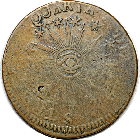 1786 Vermont Copper, the first of the three "Vermontensium" varieties (Ryder-6, Rarity.3, 118.8 grains). VF.