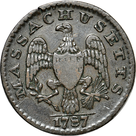 1787 Massachusetts Half Cent (Ryder 4-C, R.2, 72.5 grains). VF/planchet fissure/rim clip.