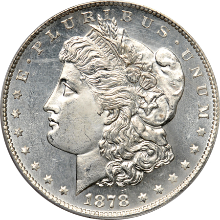 Five Morgan dollars.  PCGS MS-64 (rattler).