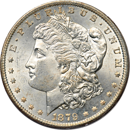 Five Morgan dollars.  PCGS MS-64 (rattler).