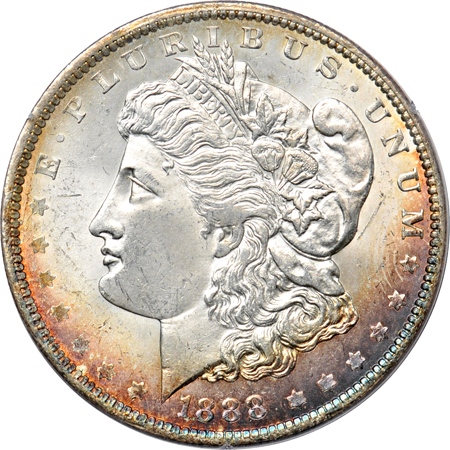 Ten Morgan dollars.  PCGS MS-63 (rattler).