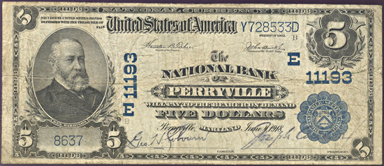 1902 $5.00. Perryville, MD Charter# 11193 Blue Seal. F.
