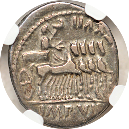 Roman Empire. Tiberius (ruled AD 14-37) AR Denarius (3.75g). Lugdunum (Lyon) mint circa AD 15-16. Laureate head right; Tiberius, holding eagle-tipped sceptre, in quadriga right. NGC F.