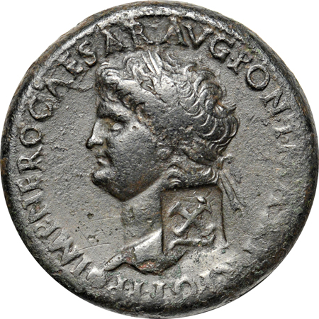 Roman Empire. Nero (AD 54-68) AE Sestertius (25.15 gm.). Lugdunum (Lyon) mint c. 65 AD. Laureate head left, globe at point of bust, countermark X with bar below; Nero on horseback. Good VF.