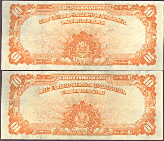 Sequential pair of 1922 $10.00.  AU.