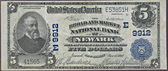 1902 $5.00. Newark, NJ Charter# 9912 Blue Seal. PMG VF-30 EPQ.