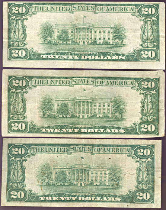 Two small size $20 National Bank Notes plus a $20 small size Federal Reserve Note Star on St. Louis.