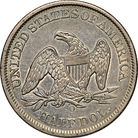 Six Seated Liberty half-dollars.