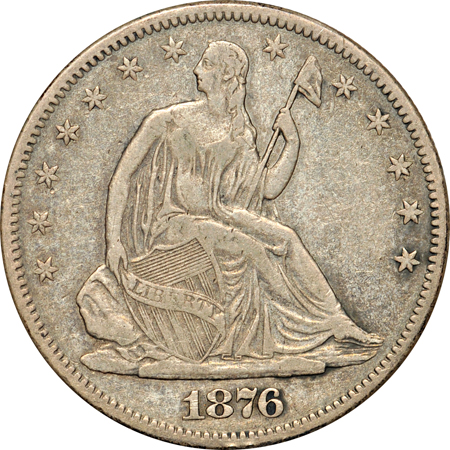 Seven Seated Liberty half-dollars.