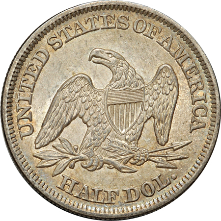 Ten Seated Liberty half-dollars.