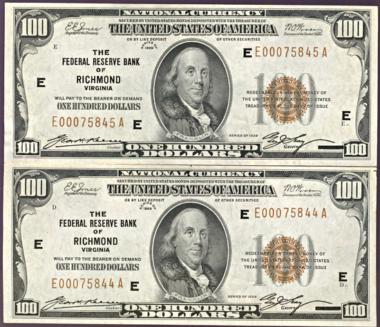 Two sequential 1929 $100.00 Richmond.  CHCU.