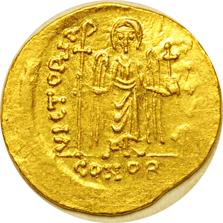Byzantine Empire. Flavius Phocas (AD 602-610) gold solidus (SB-618, 4.4 grams), Constantinople mint (AD 603-607). VF.