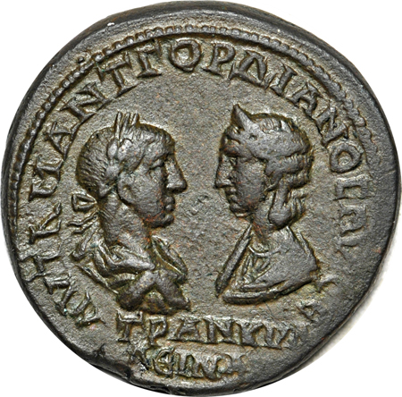 Roman Empire. Gordian III and Sabinia Tranquillina, confronted draped busts, Bronze AS of Pentassarion Markianopolis/Nemisis reverse/Moushmov 833 (27mm, 11.7 grams). Good  VF.