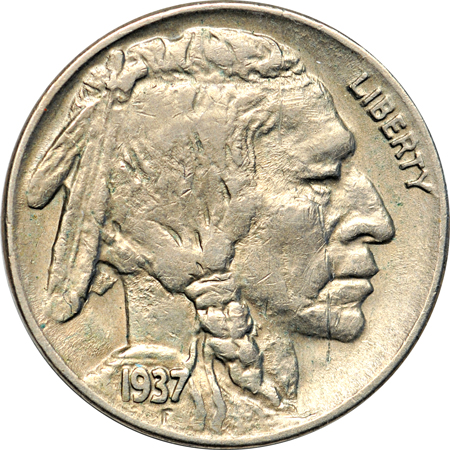 1937-D 3 Legged. AU, obverse scratch.