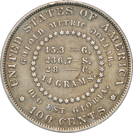 1879 $1 Goloid Metric Dollar, (J-1626, P-1822, R.4). PCGS PF-40.