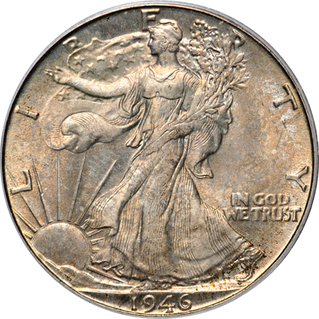 Five PCGS certified Walking Liberty half-dollars.