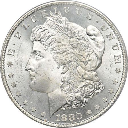 Five PCGS certified MS-64 Morgan dollars.