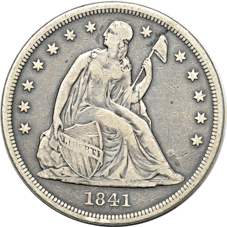 1877 Trade dollar AU/cleaned, and an 1841 Seated dollar VF.