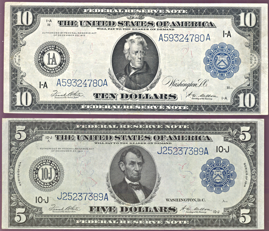 1914 $5 Kansas City and 1914 $10.00 Boston.  Blue Seal. VF.