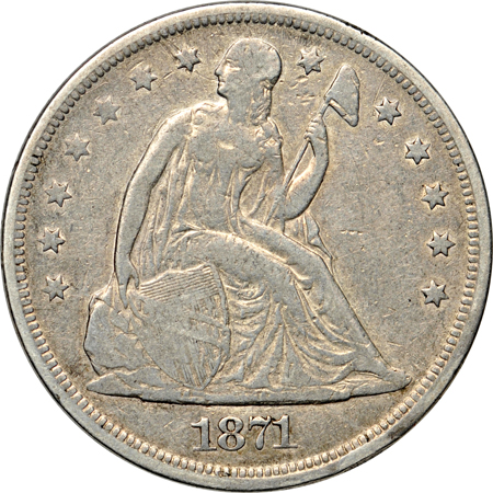 Two Seated Liberty dollars, two Trade dollars, two Bust half-dollars, and a Seated Liberty half-dollar.