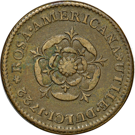 1722 Rosa Americana "Uncrowned Rose" Penny/Rosettes Before and After Rosa Americana/No Stop after REX (Breen 119, Martin 3.1-D.6, 112.7 grains) F.