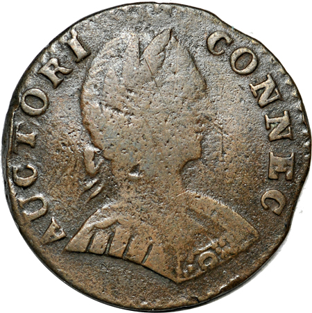 1723 Hibernia Farthing VF, 1785 Nova Constellatio Copper, Lg. U.S., Ptd. Rays, VF/corroded, 1787 Connecticut Copper VF and 1787 Fugio Copper/United States VF Detail/corroded..