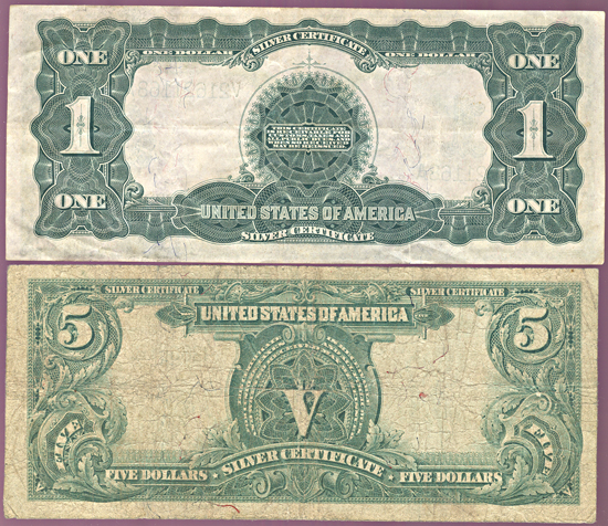 1899 $5.00 VG, and an 1899 $1 VF.