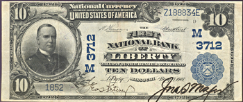 1902 $10.00. Liberty, MO Charter# 3712 Blue Seal. VF.